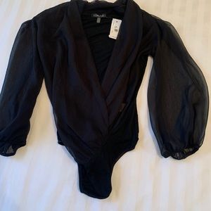 Black mesh sleeves Bodysuit surplice